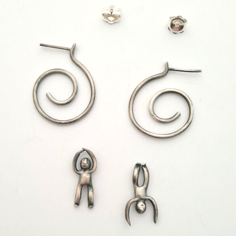 Sterling Silver Spiral Hoops With Little Men Hanging