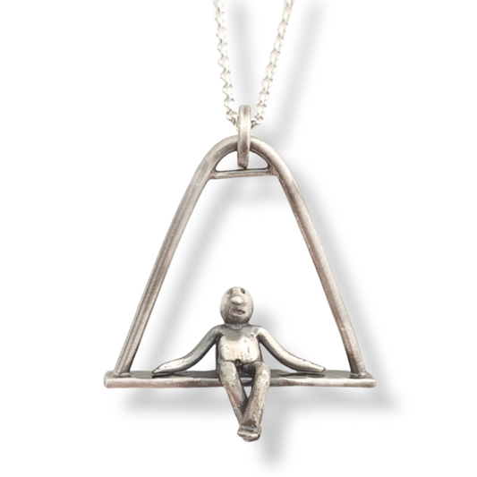 Triangle Pendant With Little Man Sitting - Oxidised Sterling Silver